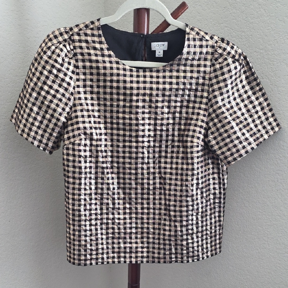 J Crew Metallic Black and Gold Checkered Top